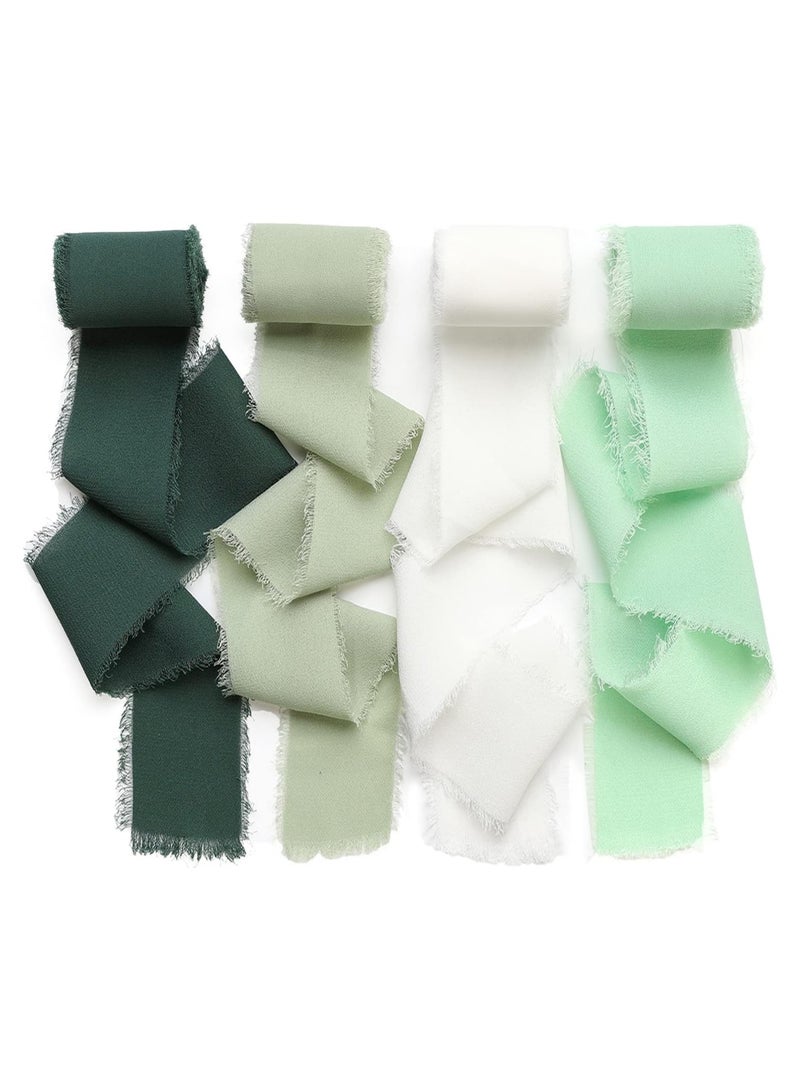 DELGREEN 4 Rolls Handmade Fringe Chiffon Silk Ribbon 1 1/2 Inch x 7Yd Cream & Green Ribbons Set for Wedding Invitations Bridal Bouquets Gifts Wrapping DIY Crafts(4cm*5m) - Image 1
