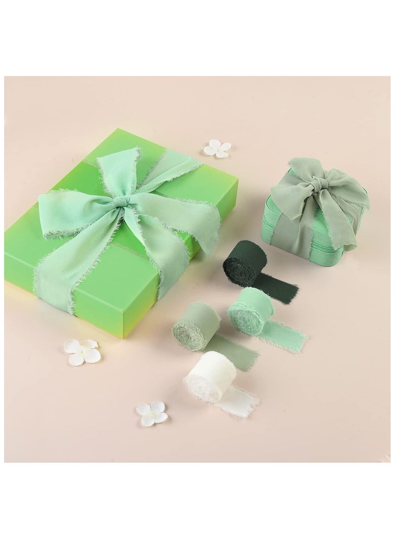 DELGREEN 4 Rolls Handmade Fringe Chiffon Silk Ribbon 1 1/2 Inch x 7Yd Cream & Green Ribbons Set for Wedding Invitations Bridal Bouquets Gifts Wrapping DIY Crafts(4cm*5m) - Image 3