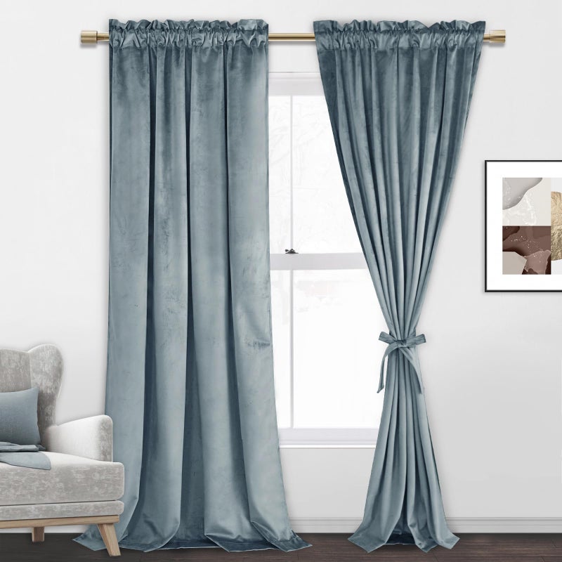 JIUZHEN Stone Blue Velvet Curtains Room Darkening & Noise Reducing Rod Pocket Window Drapes for Bedroom/Living Room/Office/Bathroom  W52 x L108  2 Panels  Stone Blue - Image 1