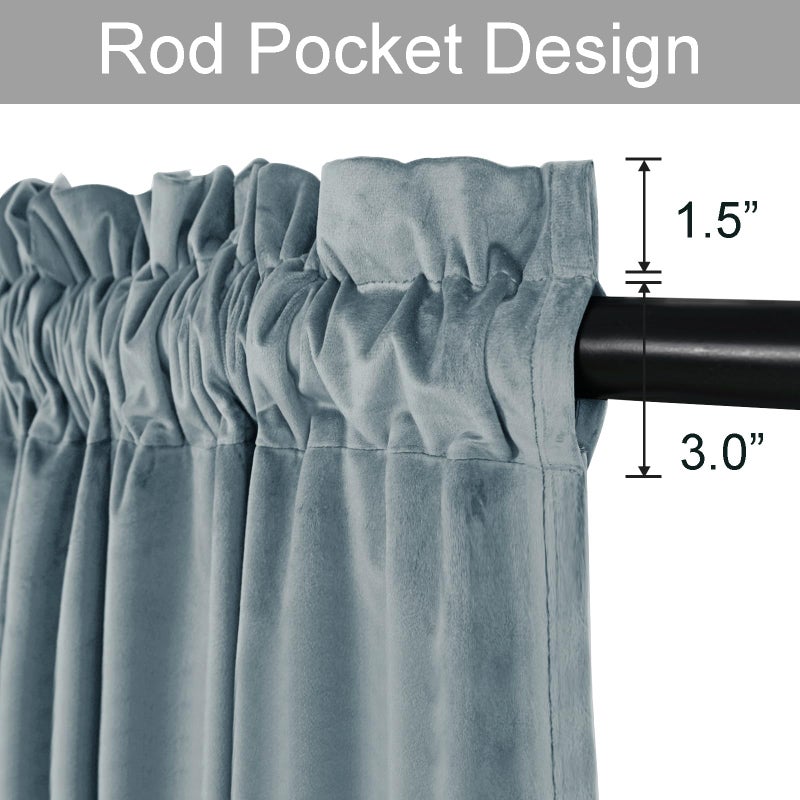 JIUZHEN Stone Blue Velvet Curtains Room Darkening & Noise Reducing Rod Pocket Window Drapes for Bedroom/Living Room/Office/Bathroom  W52 x L108  2 Panels  Stone Blue - Image 2