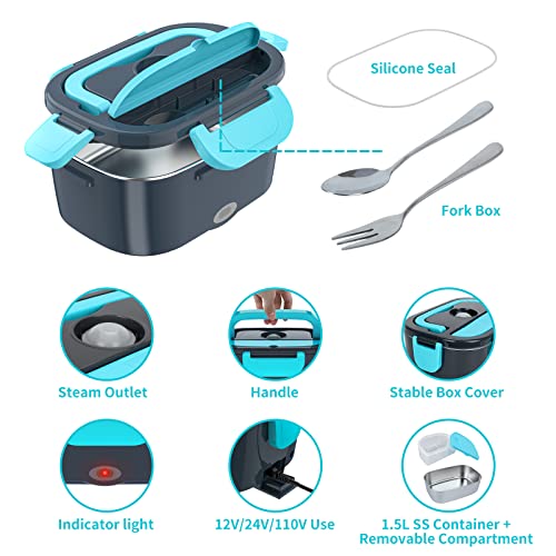 CHARMDOO Electric Lunch Box, Food Warmer Heater 12V 24V 110V, 80W Faster Heated Lunch Box for Car/Truck/Home Portable Heating Boxes with 1.5L 304 SS Container Fork & Spoon - Image 4