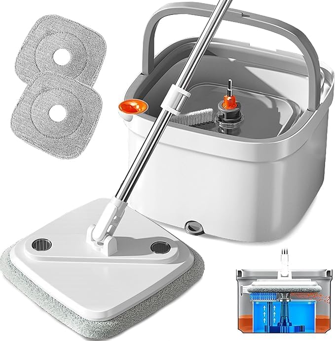 KEYOZA M16 Spin Mop and Bucket Set with SelfSeparation M16 Dirt and Clean Water System SelfWringing 360 Rotating Square Mop Head for Hardwood Tiles Marble Floors White - Image 1