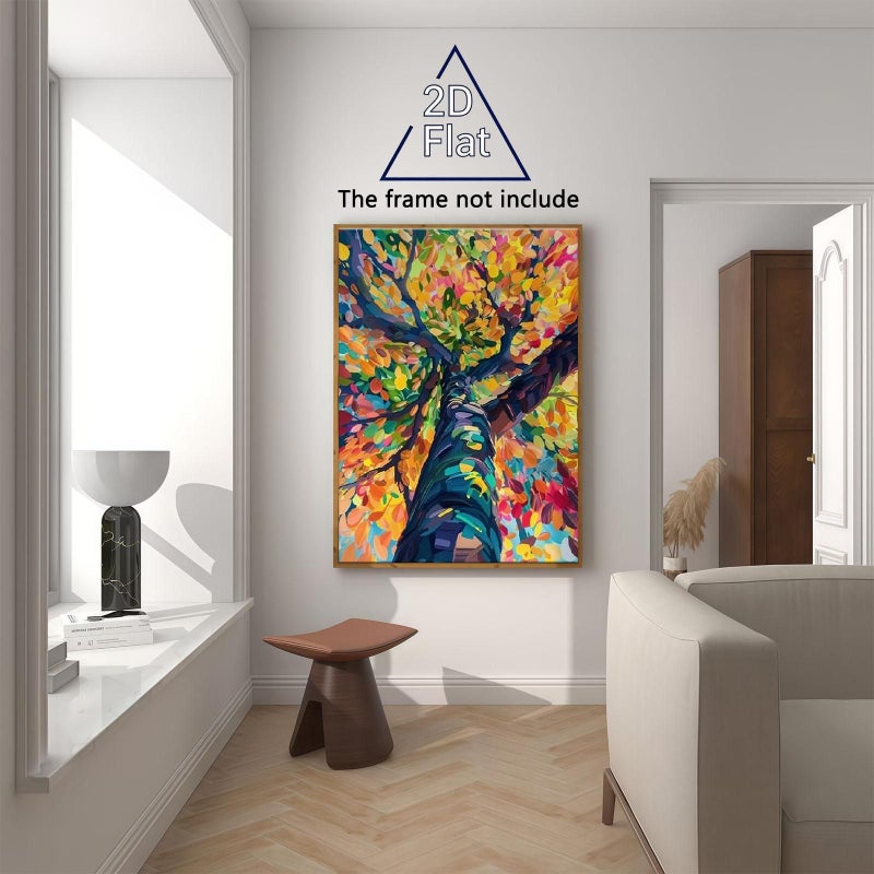 عمل فني تجريدي على قماش على شكل شجرة ملونة بدون إطار ثنائي الأبعاد 11.8×15.7 بوصة، ملصق بطابع طبيعي، ديكور لغرفة المعيشة وغرفة النوم والمكتب والمقهى والاستوديو، هدية لعشاق الفن وأصحاب المنازل ومصممي الديكور الداخلي. - Image 4
