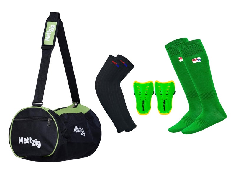 MATTZIG ® Club Football Kit (One Pair of Knee Length Lycra Cotton Socks + One Pair of Shin Guard + One Pair of Cotton Arm Sleeves + One Kit Bag) (Green) - Image 1