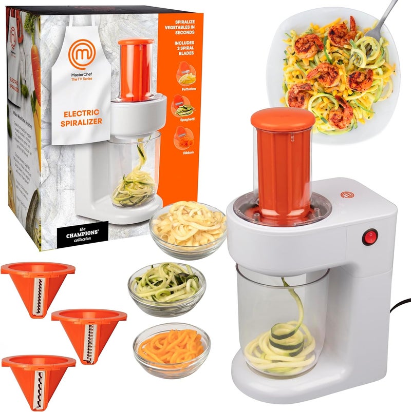 Master Chef Electric Spiralizer- 3-in-1 Vegetable Noodle Pasta Maker- Homemade Low Carb, Keto, Vegan, Gluten Free- Zoodle Zucchini Veggie Slicer & XL Hopper, FREE Recipes- Quick Healthy Meal Prep Gift - Image 1