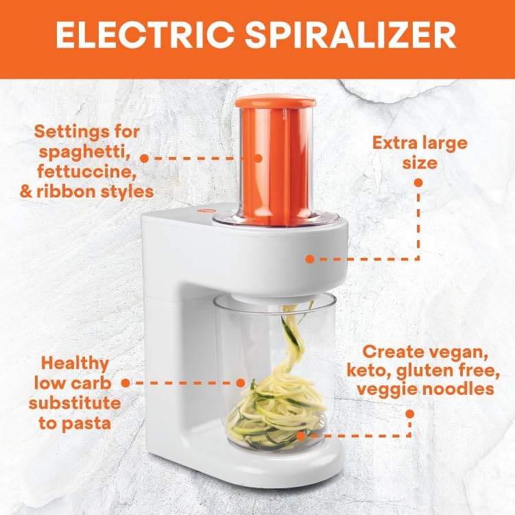 Master Chef Electric Spiralizer- 3-in-1 Vegetable Noodle Pasta Maker- Homemade Low Carb, Keto, Vegan, Gluten Free- Zoodle Zucchini Veggie Slicer & XL Hopper, FREE Recipes- Quick Healthy Meal Prep Gift - Image 2