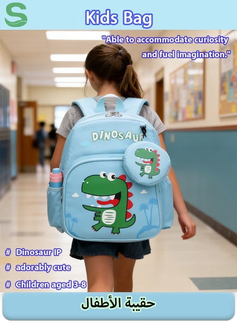 Kids Bag Cute Cartoon Backpack with Coin Purse, Suitable for Primary school student Lightweight Bookbags for Girls Boys (Dinosaur - Light Blue) - Image 3