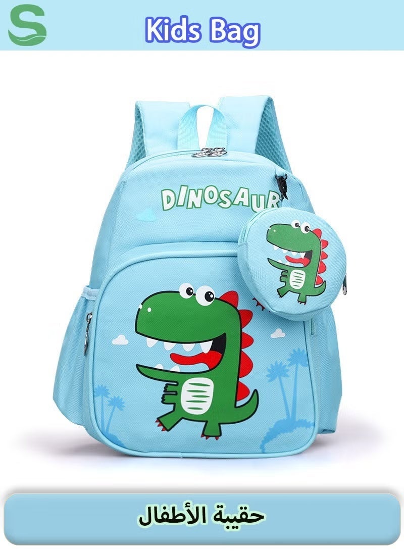 Kids Bag Cute Cartoon Backpack with Coin Purse, Suitable for Primary school student Lightweight Bookbags for Girls Boys (Dinosaur - Light Blue) - Image 1