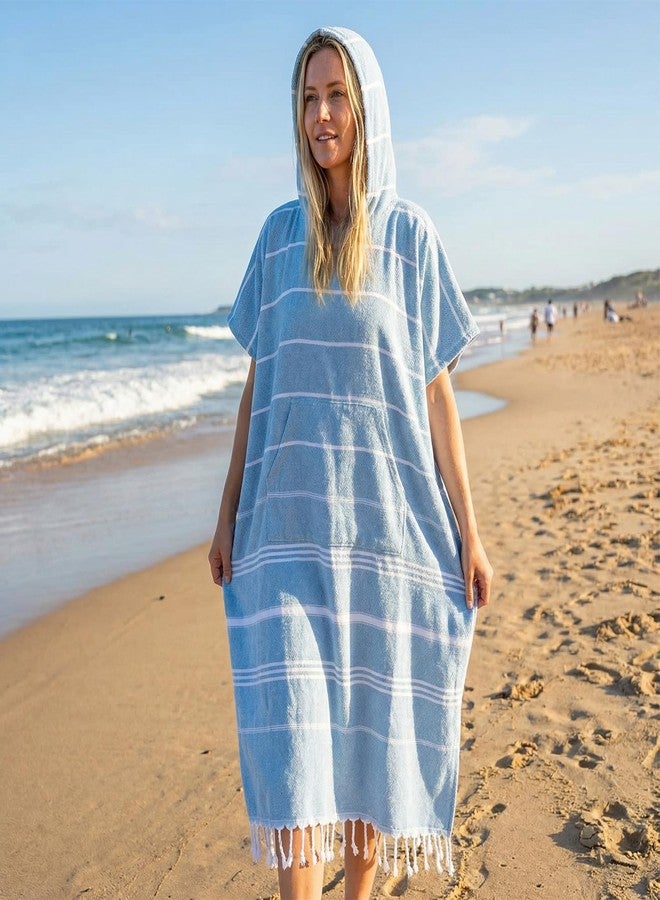 Twistover 1 Pcs Large Turkish Cotton Towel Poncho Surf Poncho 47 x 71 Inch Hooded Changing Towels Wearable Beach Towel Swim Robe with Pocket for Adult Men Women Beach Pool (Blue) - Image 2