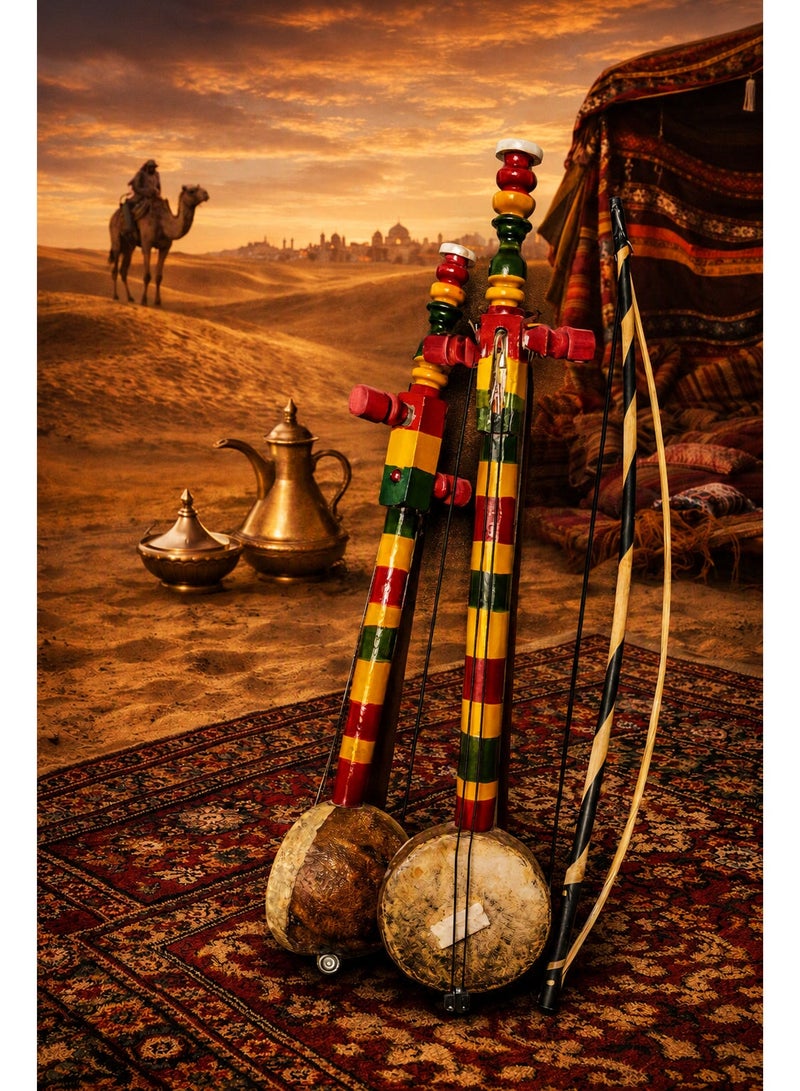 ربابة خشب تقليدية مصنوعة يدويًا آلة وترية عربية ذات وترين مع قوس والفونية - موسيقى شعبية شرقي وقطعة ديكور وتذكار - Image 1