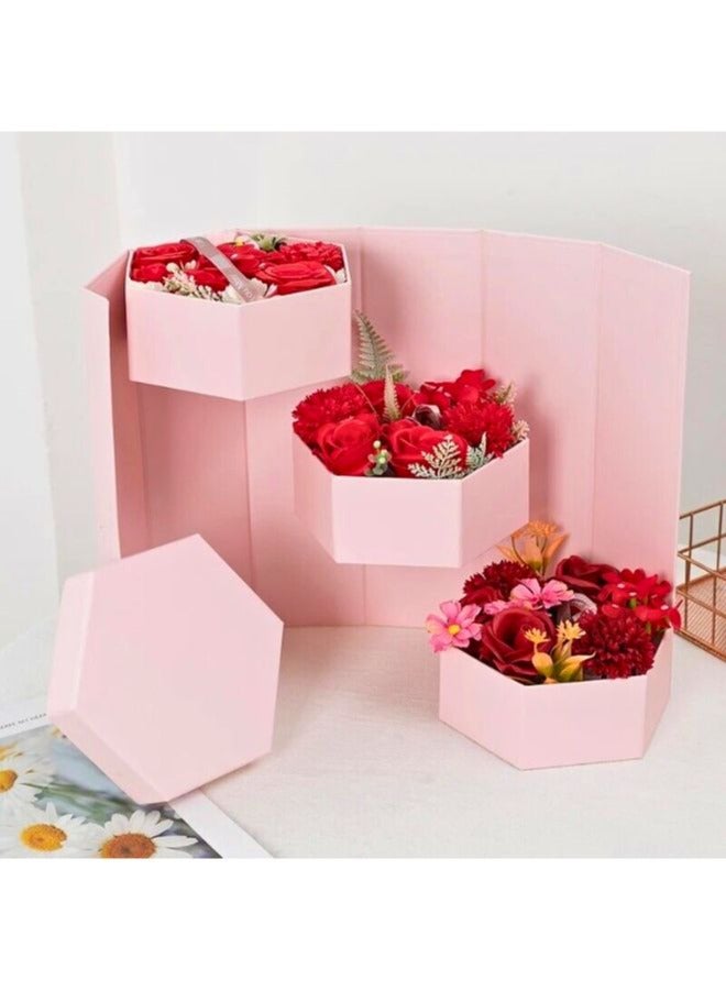 Hexagon Shape Surprise Flower Gift Box, 3 Tier, Gift for anniversary, wedding and Valentine's Day (Pink) - Image 1