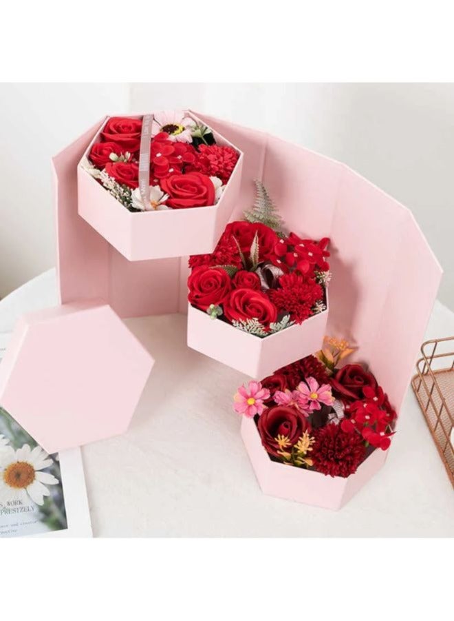 Hexagon Shape Surprise Flower Gift Box, 3 Tier, Gift for anniversary, wedding and Valentine's Day (Pink) - Image 4