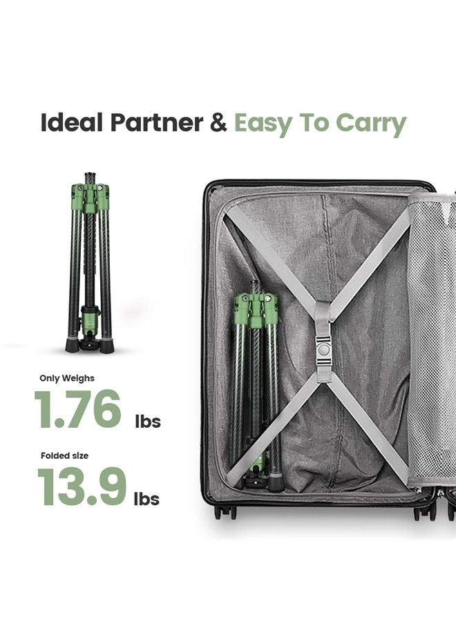 Carbon Fiber Tripod 60 Inch 360 Degree Ball Head Quick Release Plate Lightweight Camera Tripod for Travel Tripod Folded Height Only 14.2",Max Loads up to 22lbs,Green