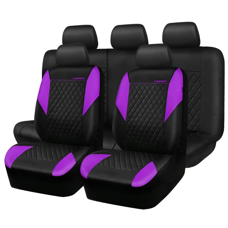 CAR PASS Purple Leather Seat Covers Quilting Pretty Car Seat Cover with 5mm Composite Sponge InsideAirbag CompatibleUniversal Fit for Most Sedan SUV Van Truck Full SetPurple