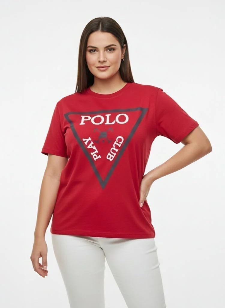 لعب البولو تيشيرت نسائي برسومات - أحمر
