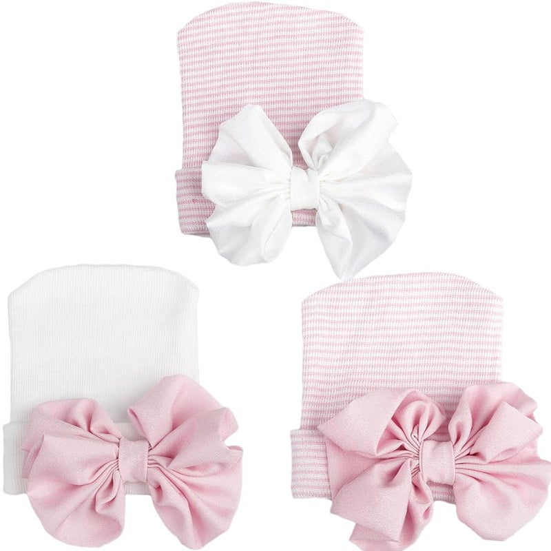 Adeimoo Newborn Baby Hospital Hat Infant Cap with Big Bow Soft Cute Knot Nursery Beanie, 3 Pack C, 0-3 Months - Image 1