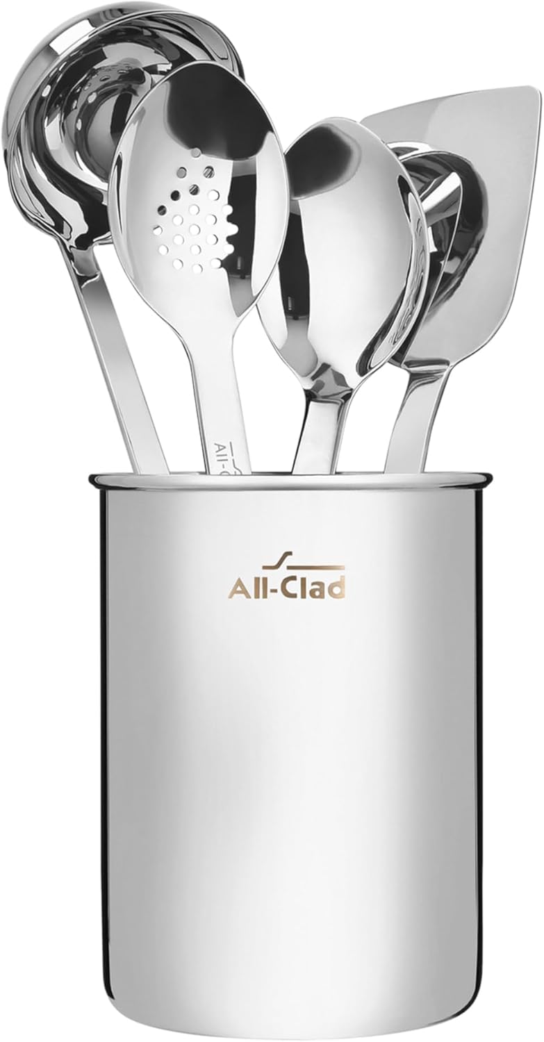 All-Clad طقم أدوات مطبخ من الفولاذ المقاوم للصدأ مكون من 5 قطع – يشمل مغرفة، ملعقة صلبة، ملعقة مشبكة، ملعقة تقليب وحامل تخزين – سميك، مريح، آمن للغسل في غسالة الصحون، فضي - Image 1