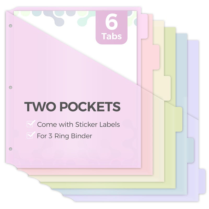 SKYDUE Binder Dividers with Tabs and Pockets, Long-Lasting Plastic 6 Tab Dividers for 3 Ring Binder, Tear-Resistant Plastic Binder Tabs Dividers for School, Office, Home - Image 1