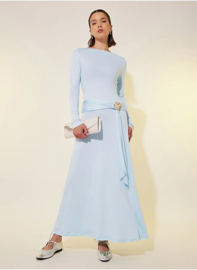 Styli Solid Long Sleeves A-Line Maxi Dress with Faux Shell Detail