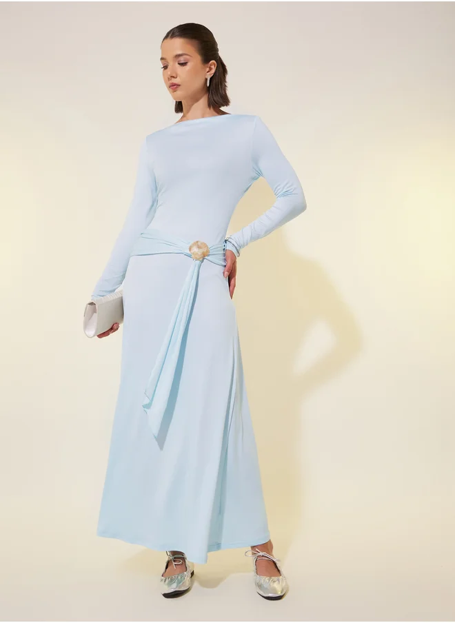 Styli Solid Long Sleeves A-Line Maxi Dress with Faux Shell Detail