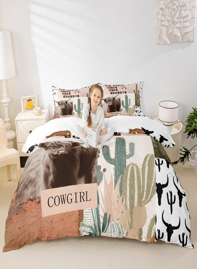 Man Fei Manfei Western Cowboys Kids Duvet Cover Set Twin Size,Highland Cattle Cactus Bull Skull Bedding Set,Girls Boys Adults Bedroom Decor,Geometric Patchwork Comforter Cover,Rustic Quilt Cover,1 Pillowcase - Image 1