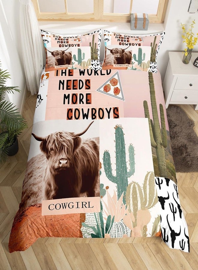 Man Fei Manfei Western Cowboys Kids Duvet Cover Set Twin Size,Highland Cattle Cactus Bull Skull Bedding Set,Girls Boys Adults Bedroom Decor,Geometric Patchwork Comforter Cover,Rustic Quilt Cover,1 Pillowcase - Image 4