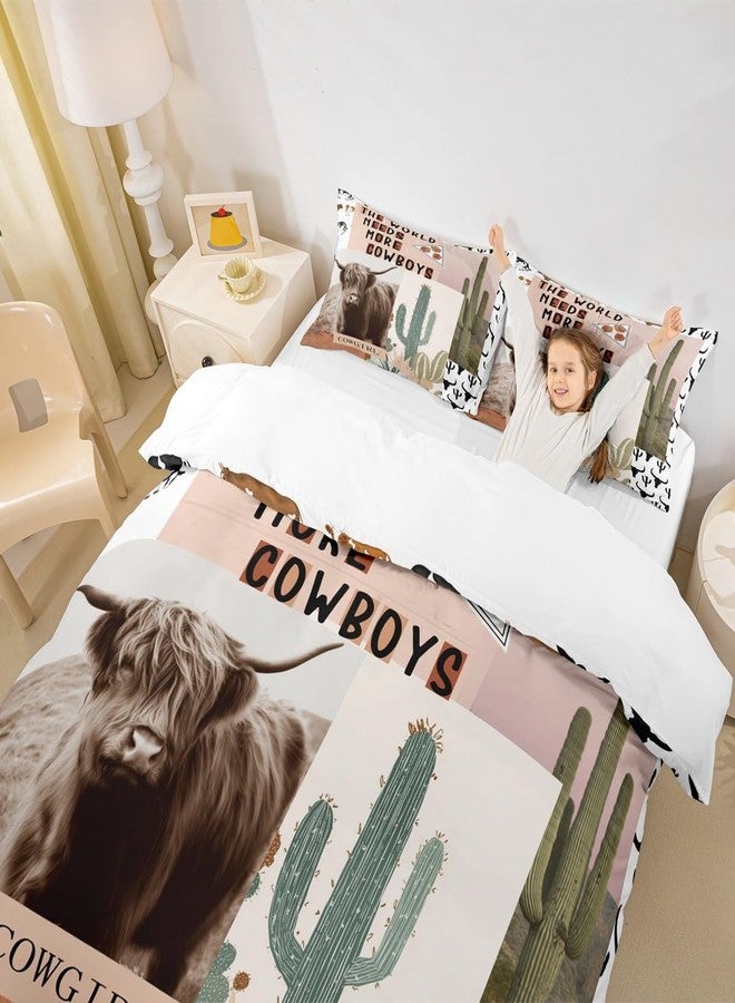 Man Fei Manfei Western Cowboys Kids Duvet Cover Set Twin Size,Highland Cattle Cactus Bull Skull Bedding Set,Girls Boys Adults Bedroom Decor,Geometric Patchwork Comforter Cover,Rustic Quilt Cover,1 Pillowcase - Image 3