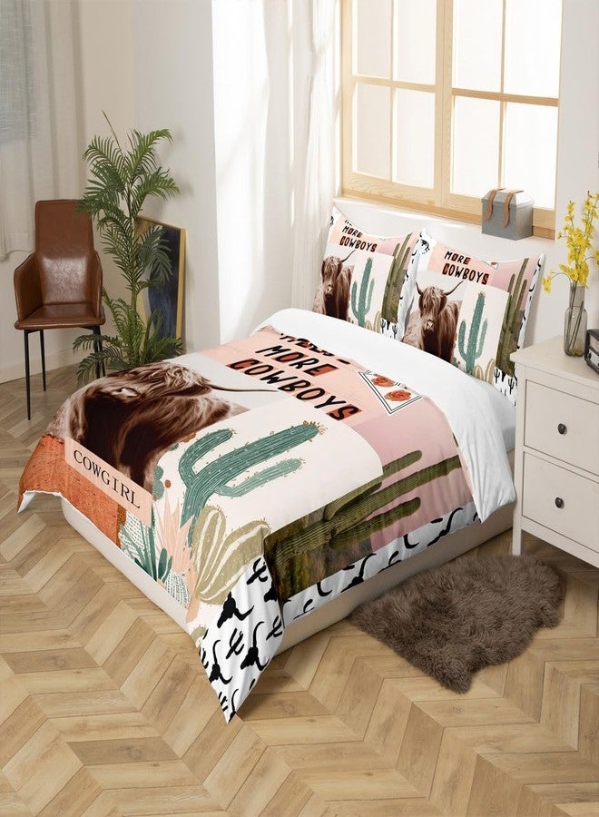 Man Fei Manfei Western Cowboys Kids Duvet Cover Set Twin Size,Highland Cattle Cactus Bull Skull Bedding Set,Girls Boys Adults Bedroom Decor,Geometric Patchwork Comforter Cover,Rustic Quilt Cover,1 Pillowcase - Image 5