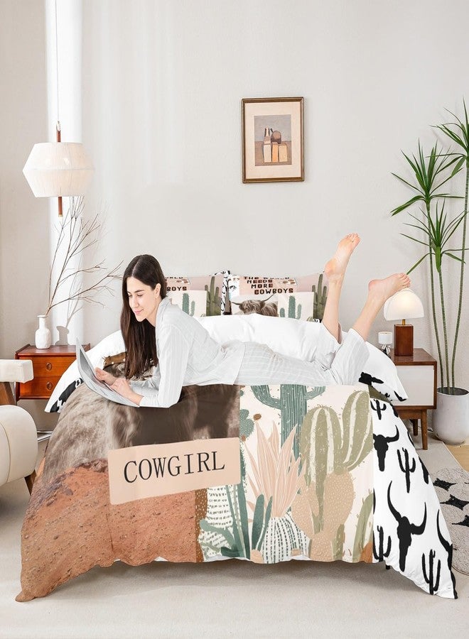 Man Fei Manfei Western Cowboys Kids Duvet Cover Set Twin Size,Highland Cattle Cactus Bull Skull Bedding Set,Girls Boys Adults Bedroom Decor,Geometric Patchwork Comforter Cover,Rustic Quilt Cover,1 Pillowcase - Image 2