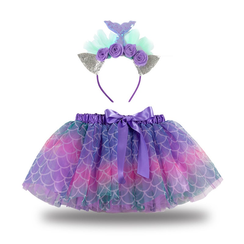 2024 Kids Tutu Skirt with Star Moon Veil and Headwear RS001 Purple Tail Purple Flower Head Buckle 