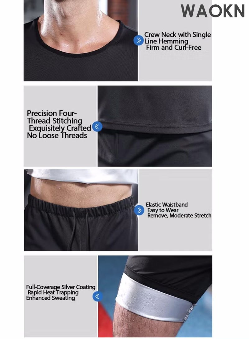 WAOKN Sweat Suit for Men | Short Sleeve + Shorts | Sauna Effect Burn More, Sweat More Exercise Weight Loss Gym Fitness Workout Compression Workout Gym Clothes Sweat Enhancer Suit, Weight Loss Body Shaper for Workout Sports - Image 4