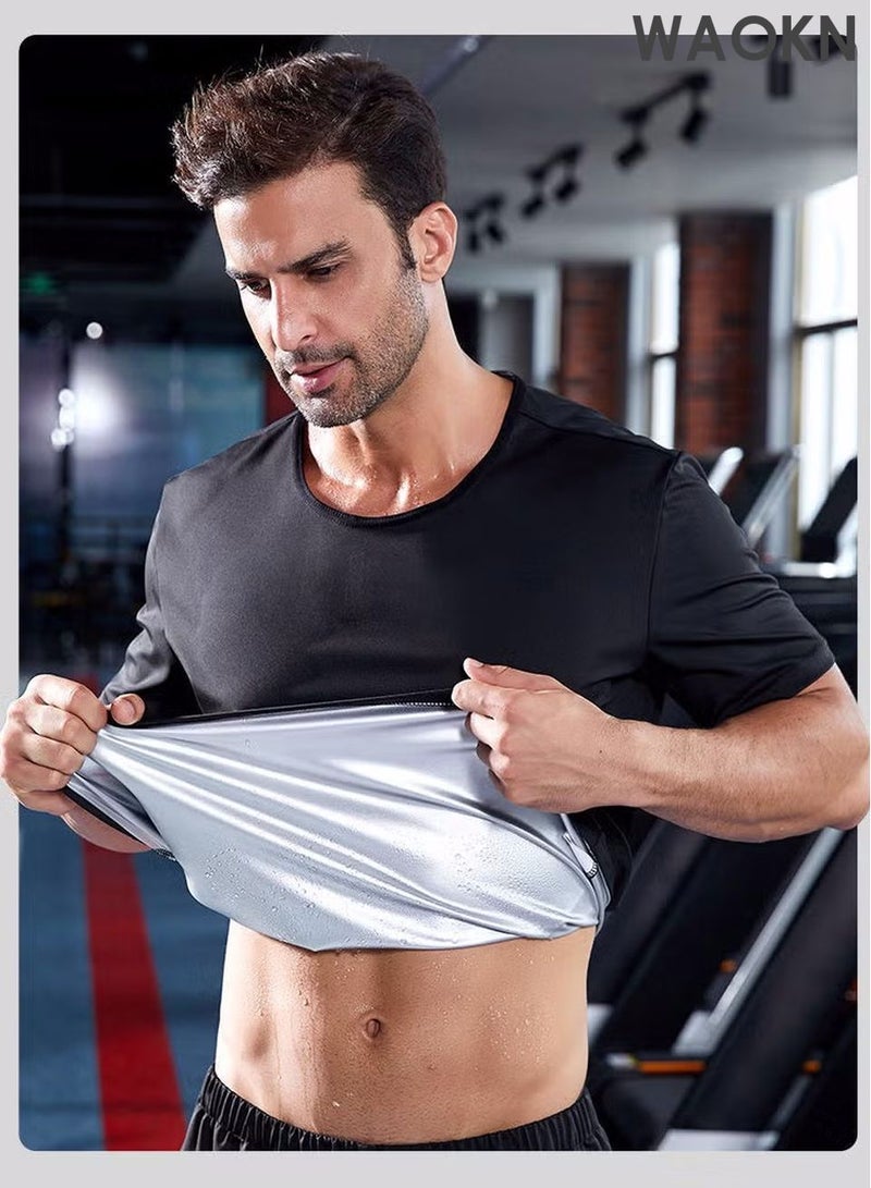WAOKN Sweat Suit for Men | Short Sleeve + Shorts | Sauna Effect Burn More, Sweat More Exercise Weight Loss Gym Fitness Workout Compression Workout Gym Clothes Sweat Enhancer Suit, Weight Loss Body Shaper for Workout Sports - Image 3