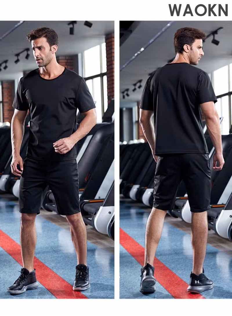 WAOKN Sweat Suit for Men | Short Sleeve + Shorts | Sauna Effect Burn More, Sweat More Exercise Weight Loss Gym Fitness Workout Compression Workout Gym Clothes Sweat Enhancer Suit, Weight Loss Body Shaper for Workout Sports - Image 2