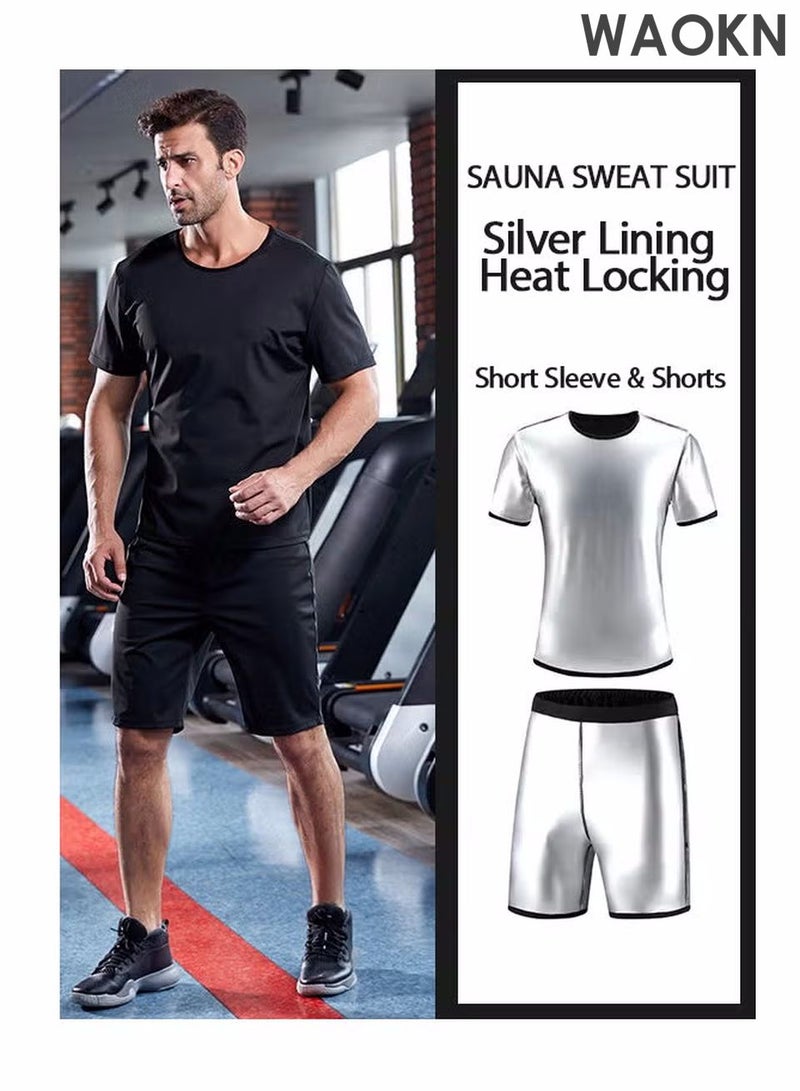 WAOKN Sweat Suit for Men | Short Sleeve + Shorts | Sauna Effect Burn More, Sweat More Exercise Weight Loss Gym Fitness Workout Compression Workout Gym Clothes Sweat Enhancer Suit, Weight Loss Body Shaper for Workout Sports - Image 1