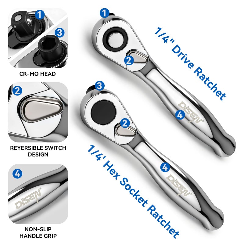 DISEN 15PC Mini Ratchet Wrench Set, 1/4" Drive Ratchet Handle Wrench, Mini Socket Set, Tiny Tools, Small Ratchet, 72-Tooth, Reversible, Cr-V Steel Made, Christmas Gifts for Men Dad - Image 2