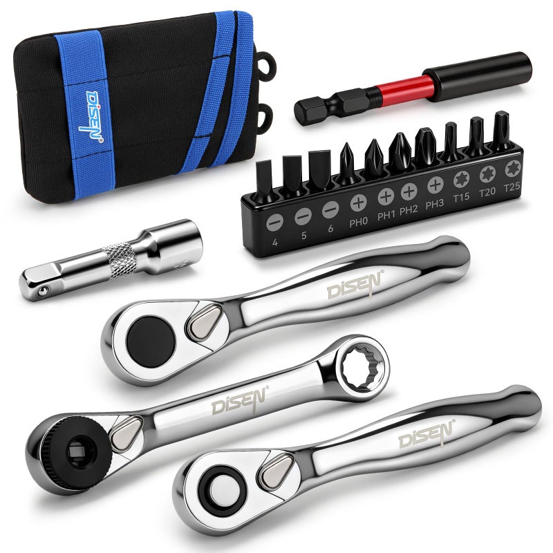 DISEN 15PC Mini Ratchet Wrench Set, 1/4" Drive Ratchet Handle Wrench, Mini Socket Set, Tiny Tools, Small Ratchet, 72-Tooth, Reversible, Cr-V Steel Made, Christmas Gifts for Men Dad - Image 1