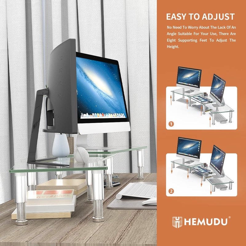 Hemudu Dual Monitor Stand -Adjustable Length and Angle Dual Monitor Riser, Desktop Organizer for PC, Computer, Laptop (Clear) - Image 5