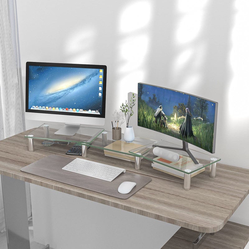 Hemudu Dual Monitor Stand -Adjustable Length and Angle Dual Monitor Riser, Desktop Organizer for PC, Computer, Laptop (Clear) - Image 2