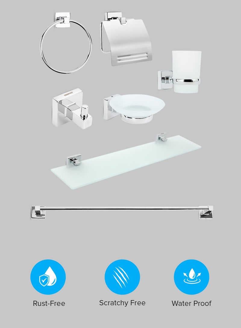 GEEPAS Geepas Bath Accessories Set, 7 Piece Set includes Towel Bar, Glass Shelf, Robe Hook, Tumbler Holder, Soap Holder, Toilet Paper Holder and Towel Ring, High-Grade Stainless Steel GSW61704  - Image 1