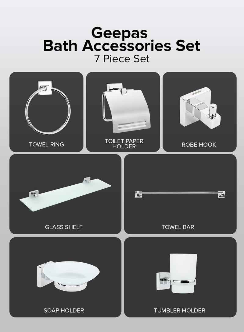 GEEPAS Geepas Bath Accessories Set, 7 Piece Set includes Towel Bar, Glass Shelf, Robe Hook, Tumbler Holder, Soap Holder, Toilet Paper Holder and Towel Ring, High-Grade Stainless Steel GSW61704  - Image 2