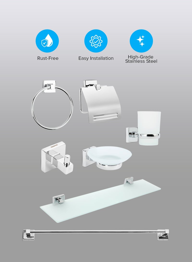 GEEPAS Geepas Bath Accessories Set, 7 Piece Set includes Towel Bar, Glass Shelf, Robe Hook, Tumbler Holder, Soap Holder, Toilet Paper Holder and Towel Ring, High-Grade Stainless Steel GSW61704  - Image 5