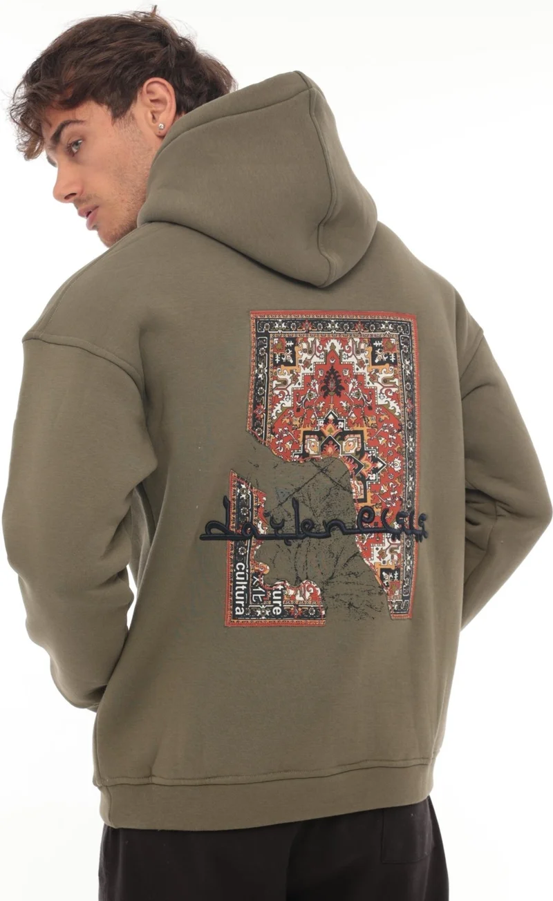 ميرون Khaki Back Ethnic Printed Hooded Three Thread Oversize SWEATSHIRT-2438