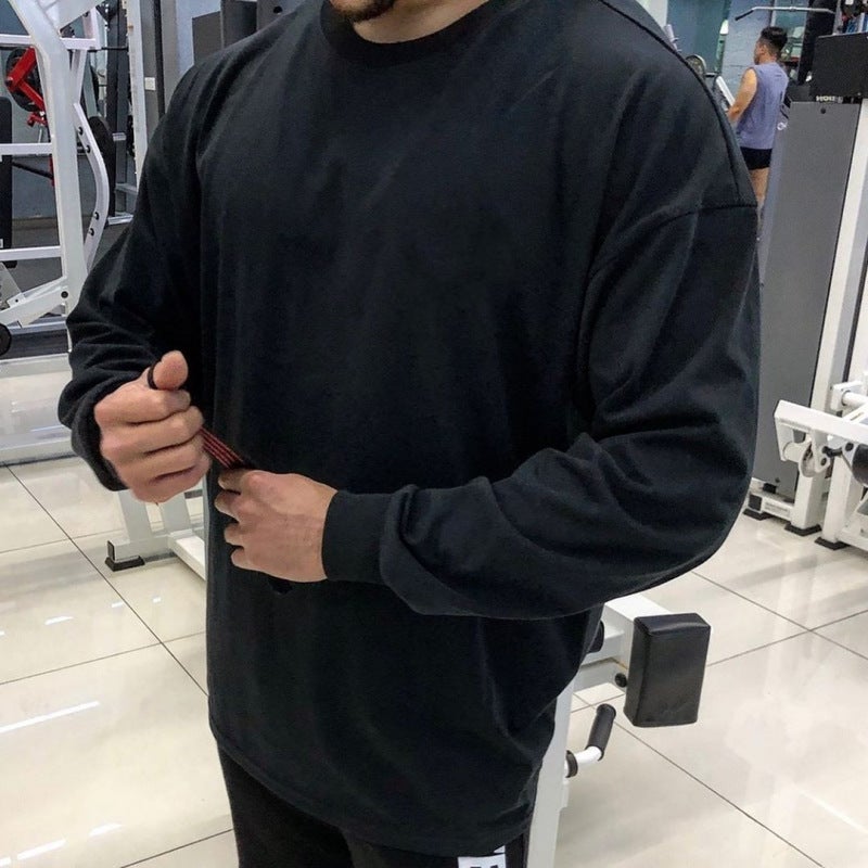 Generic Muscle fashion brand loose fitness clothes casual training sportswear long-sleeved T-shirt pullover sweater thin men Black light version 