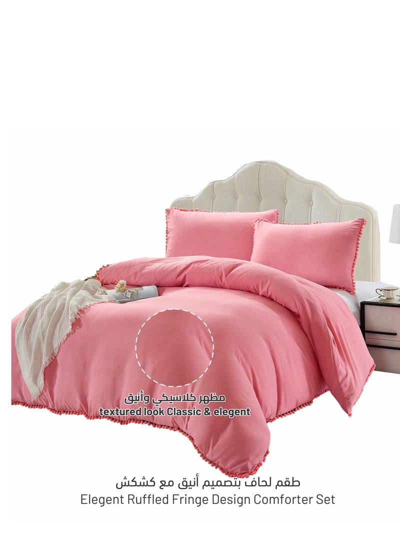 Donetella Comforter Set 5-Pcs King Size Bed Fits(200 x 200 Cm) Bedding With Pom pom Lace And Removable Filler, Coral Pink  - Image 2