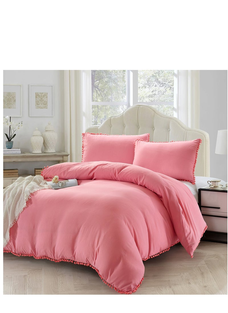 Donetella Comforter Set 5-Pcs King Size Bed Fits(200 x 200 Cm) Bedding With Pom pom Lace And Removable Filler, Coral Pink  - Image 1