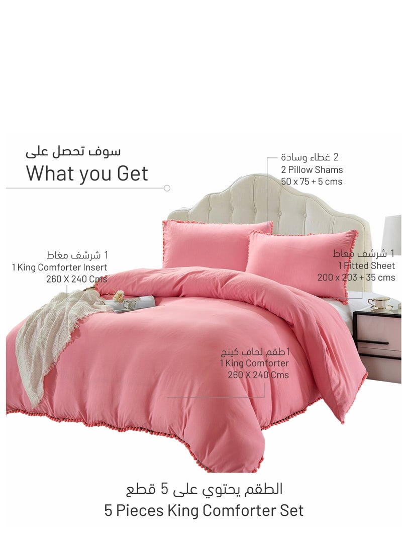 Donetella Comforter Set 5-Pcs King Size Bed Fits(200 x 200 Cm) Bedding With Pom pom Lace And Removable Filler, Coral Pink  - Image 3