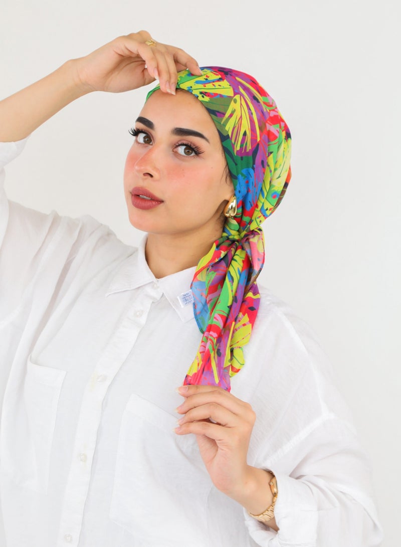 Tie Shop - Square Printed Crepe Chiffon Scarf - Red - Blue - Green For Women - Image 2