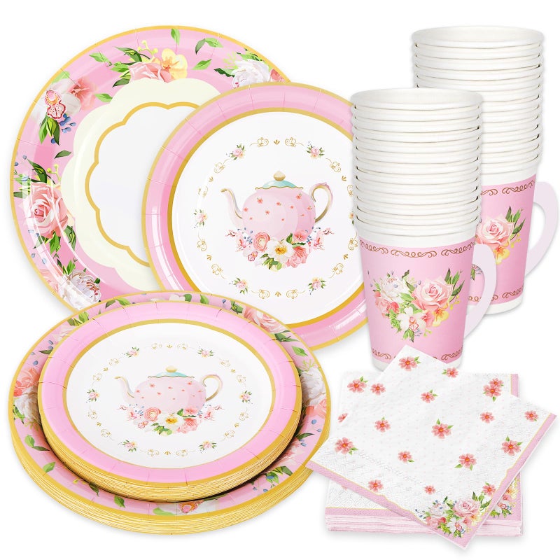 Whaline Pink Tea Party Tableware Supplies Serves 24 Pink Floral Tea Party Disposable Paper Dinnerware  24 9"" Plates 24 7"" Saucer Plate 24 9oz Tea Cups with Handle 48 Luncheon Napkins - Image 1