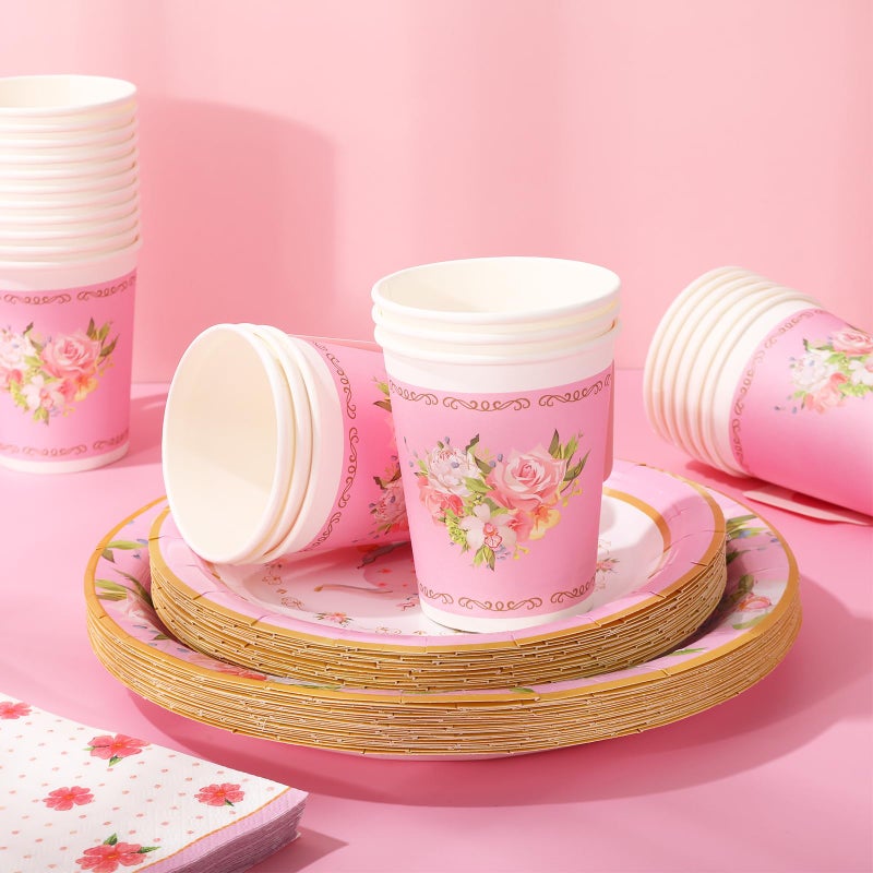 Whaline Pink Tea Party Tableware Supplies Serves 24 Pink Floral Tea Party Disposable Paper Dinnerware  24 9"" Plates 24 7"" Saucer Plate 24 9oz Tea Cups with Handle 48 Luncheon Napkins - Image 4