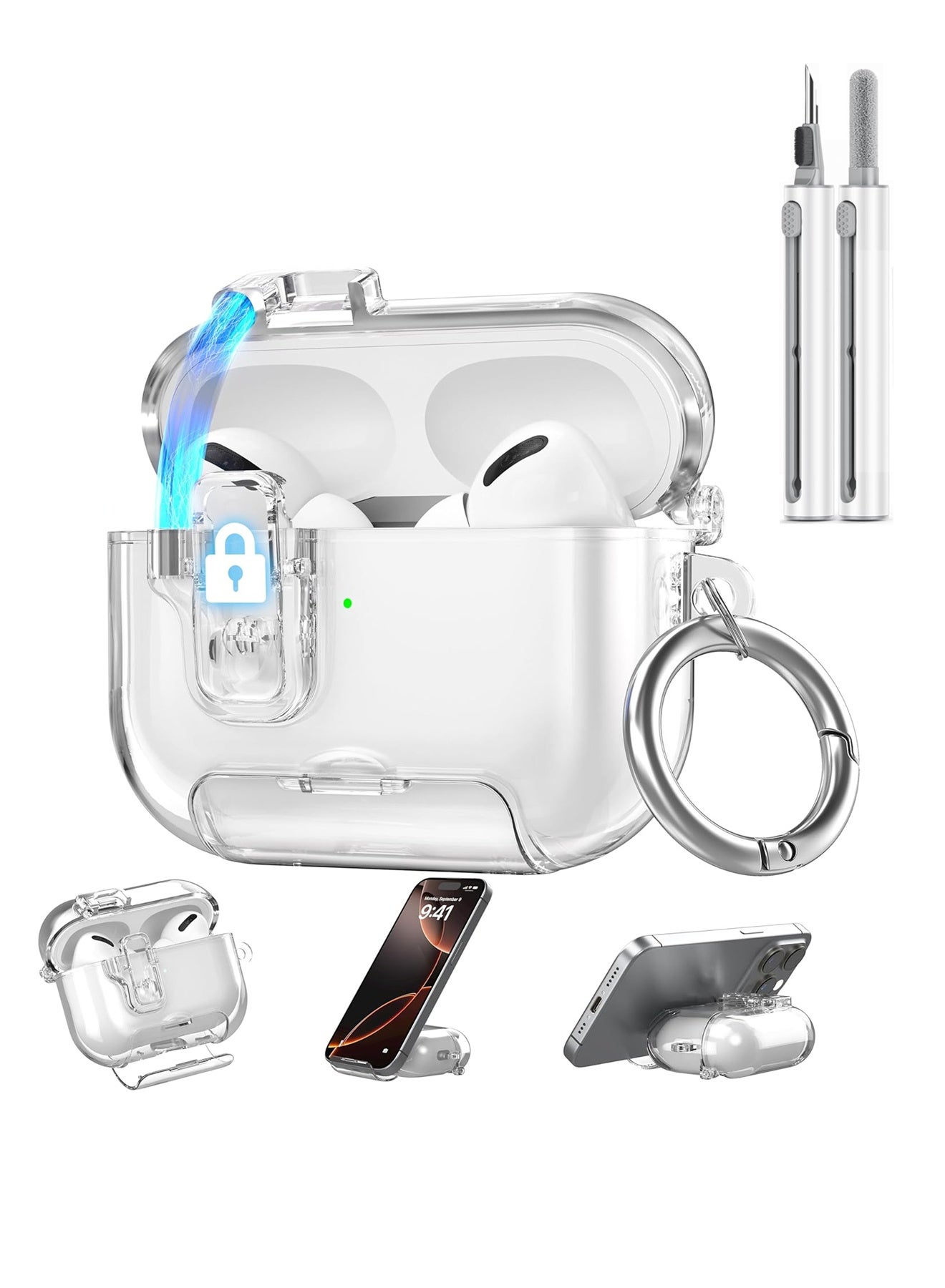 HaDoii Compatible with Apple Airpods Pro 3 Case 2025, Clear Magnetic Automatic Lock Cases with Stand &Cleaning Kit for AirPod Pro 3 Gen, iPods Pro 3 Earbuds Keychain Case for Airpod Pro 3 Clear